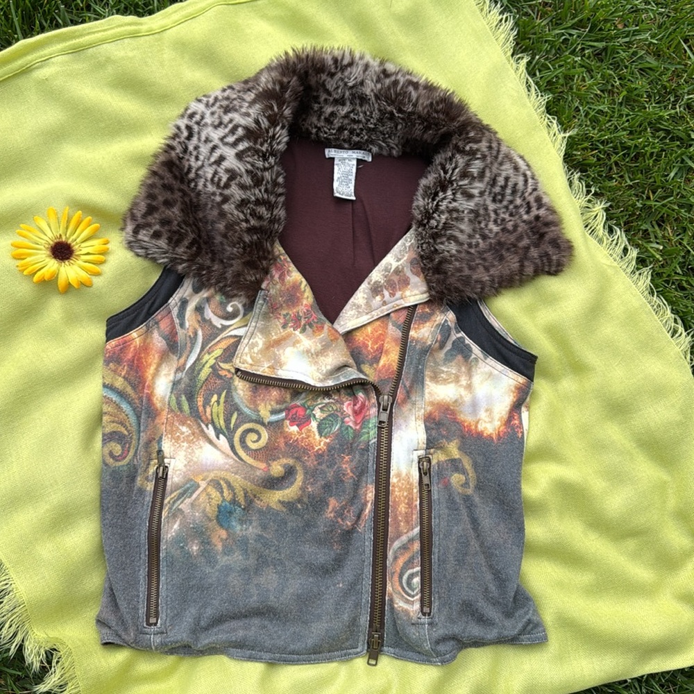 Alberto Makali Multicolor Printed Vest with Faux Fur Collar